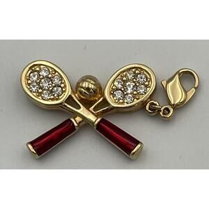 Swarovski Swan Signed Gold Tone Rhinestones Red Enamel Tennis Rackets Ball Charm